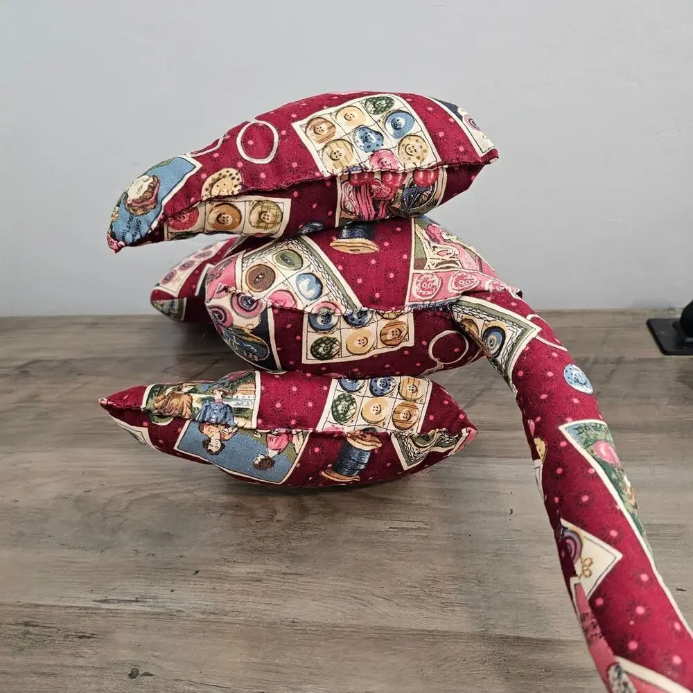 Vintage Handmade Cat Plush Red Patchwork Shelf Sitter Sewing Cottage Kitty Cats